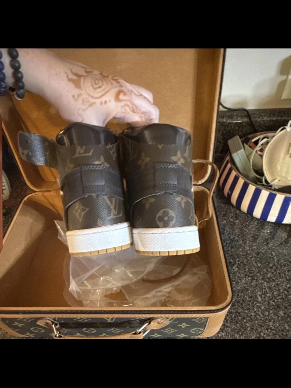 Off-Louis LV Air Jordan 1 High Top Sneakers Brown/Tan Monogram Lace-Up